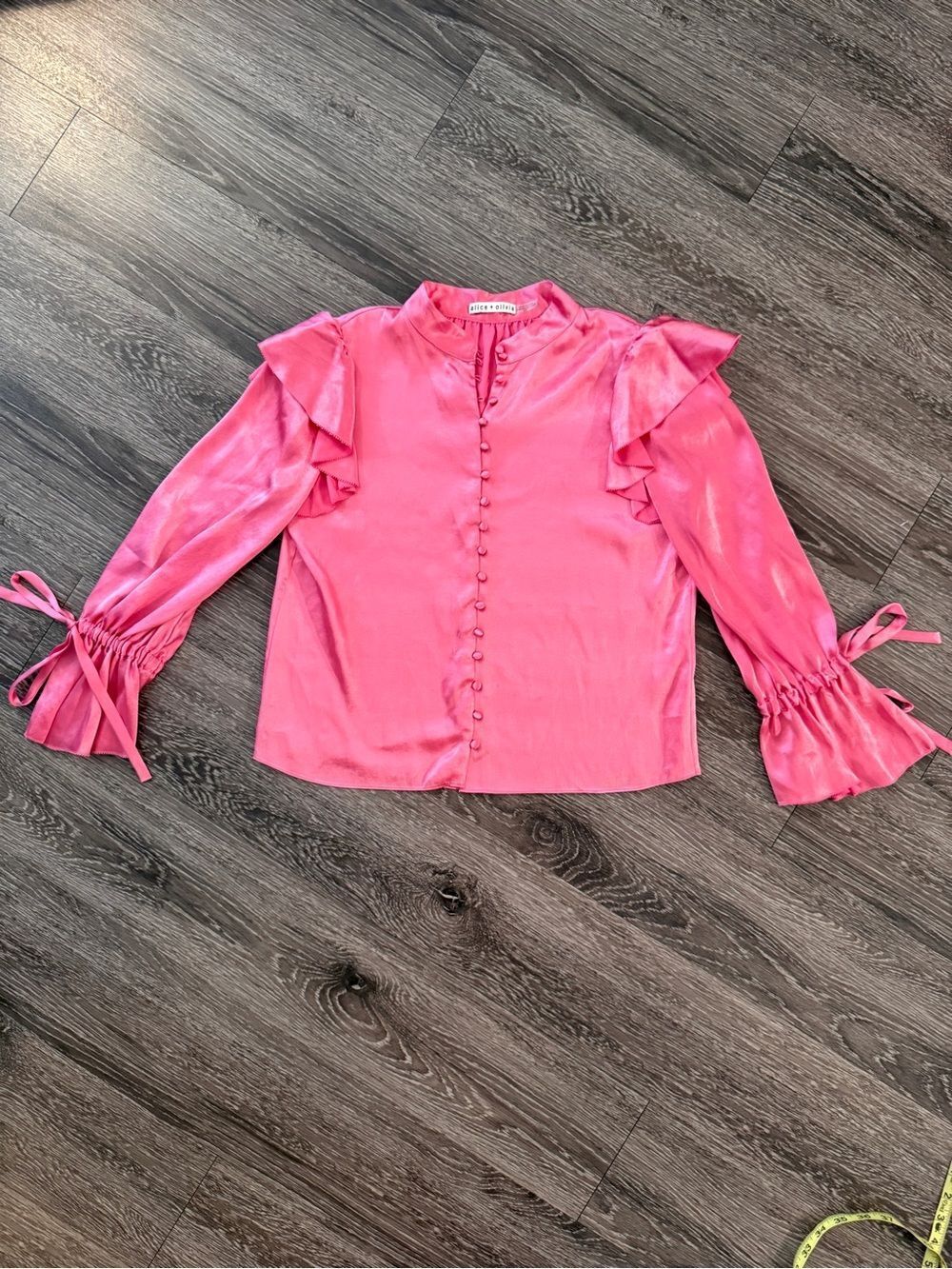 Alice + Olivia Brayden Ruffle Detail Long Sleeve Satin Blouse in Calypso Pink